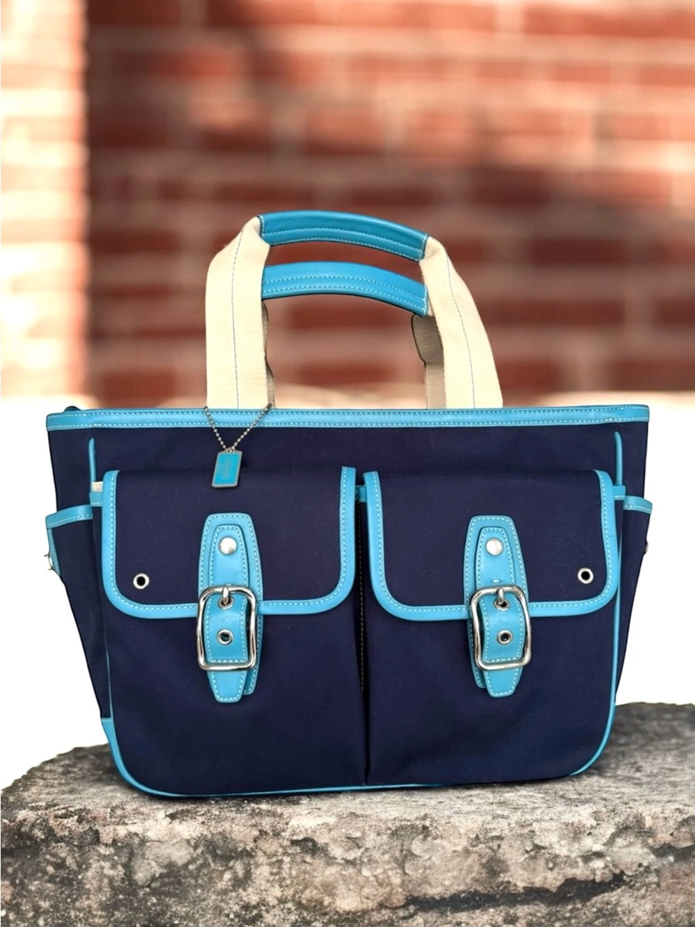 Coach Hampton Tote Shoulder Bag Blue Canvas Leather